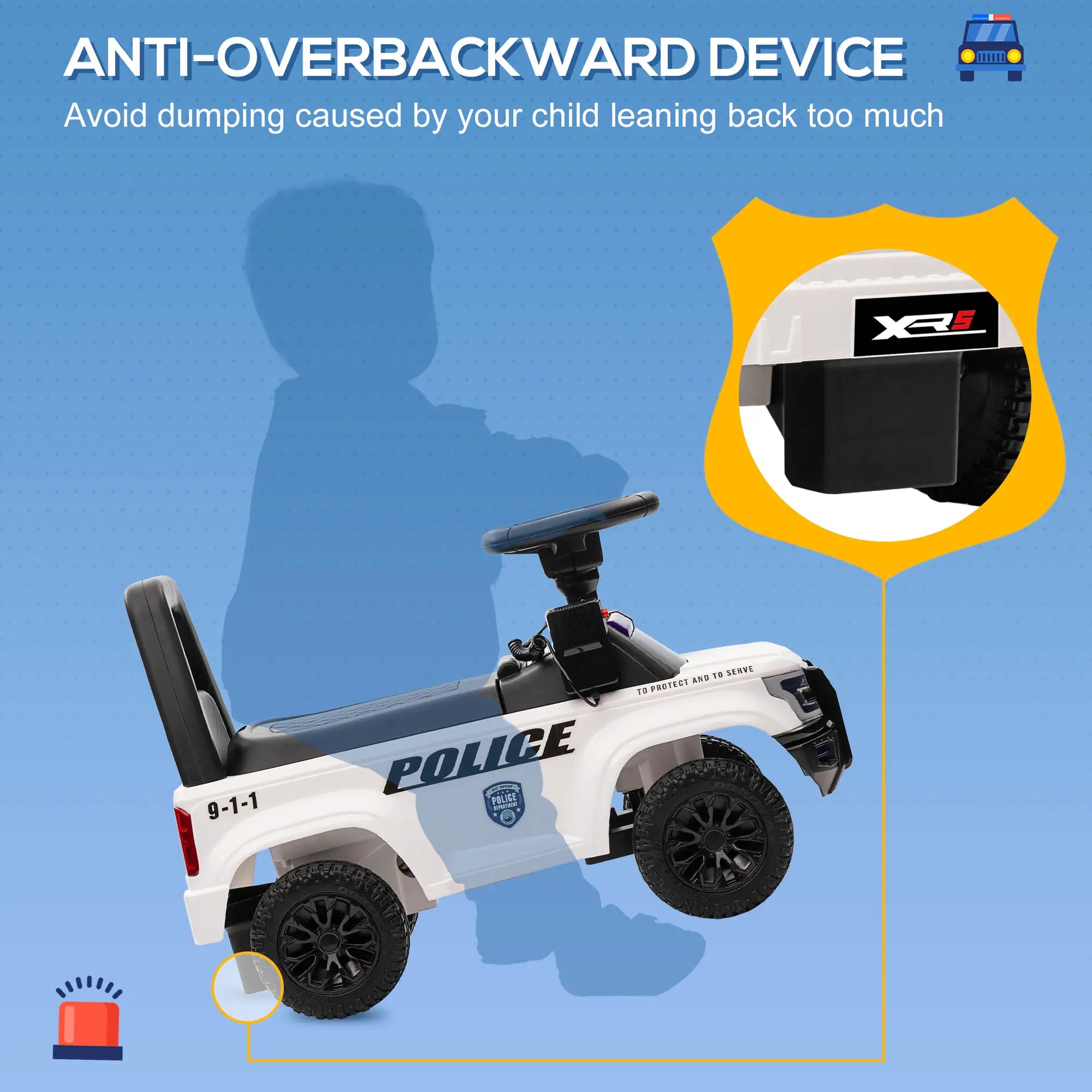 Child's toy police car with an 'Anti-Overbackward Device' feature on a blue background.