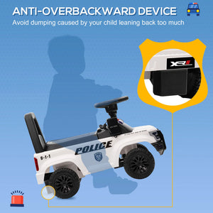 Child's toy police car with an 'Anti-Overbackward Device' feature on a blue background.