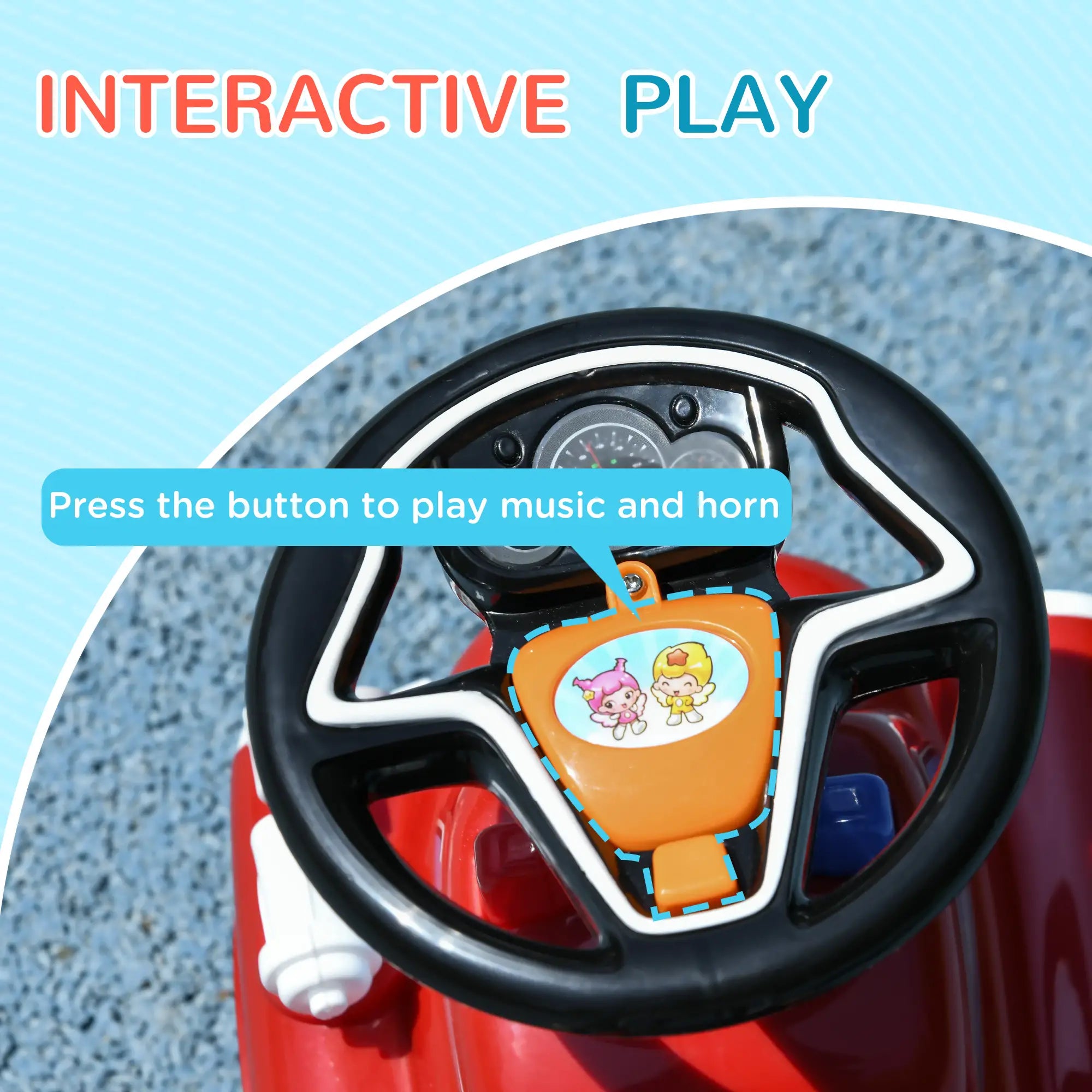 Kids Sliding Car dashboard featuring the music and horn buttons.