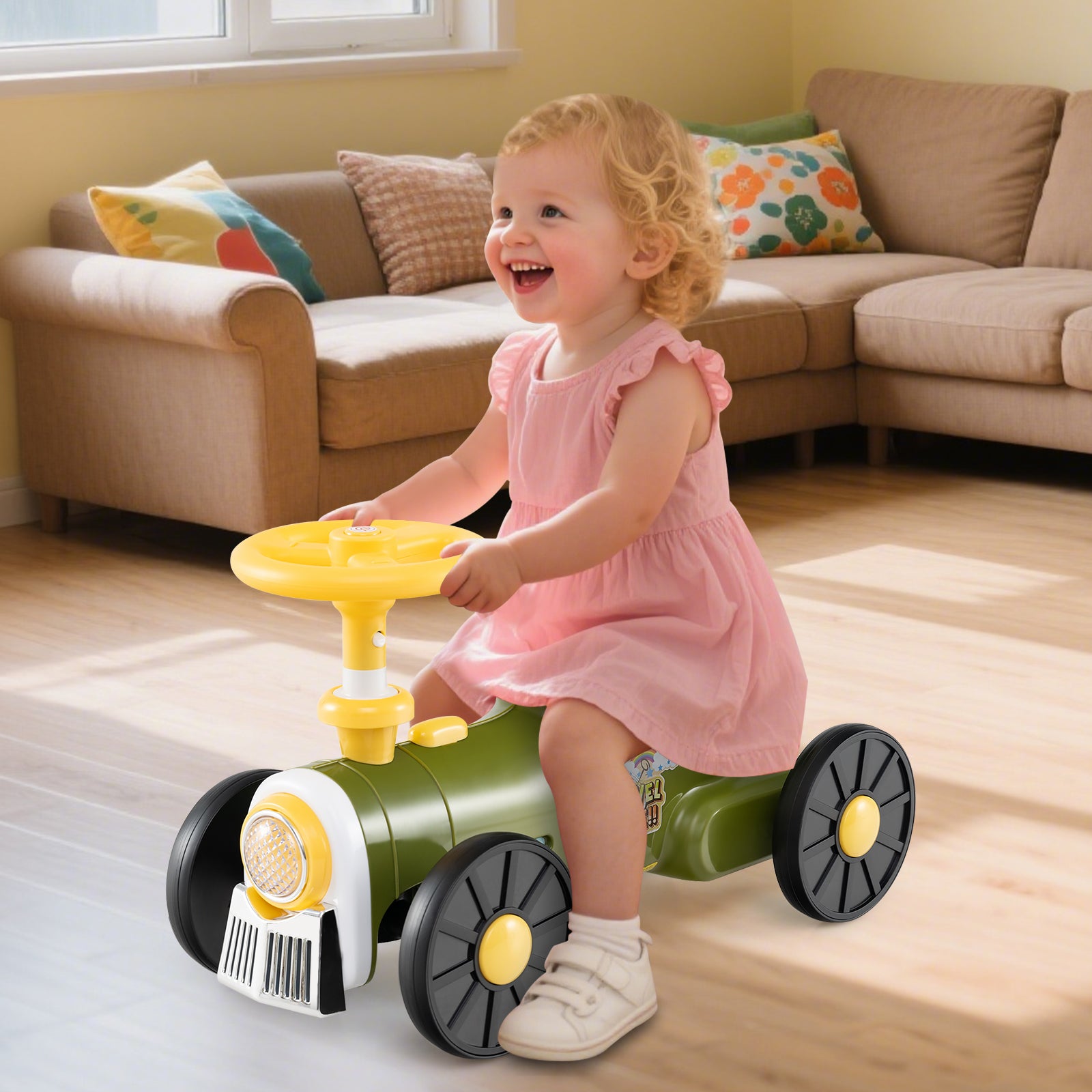 Child playing with a toy car in a living room