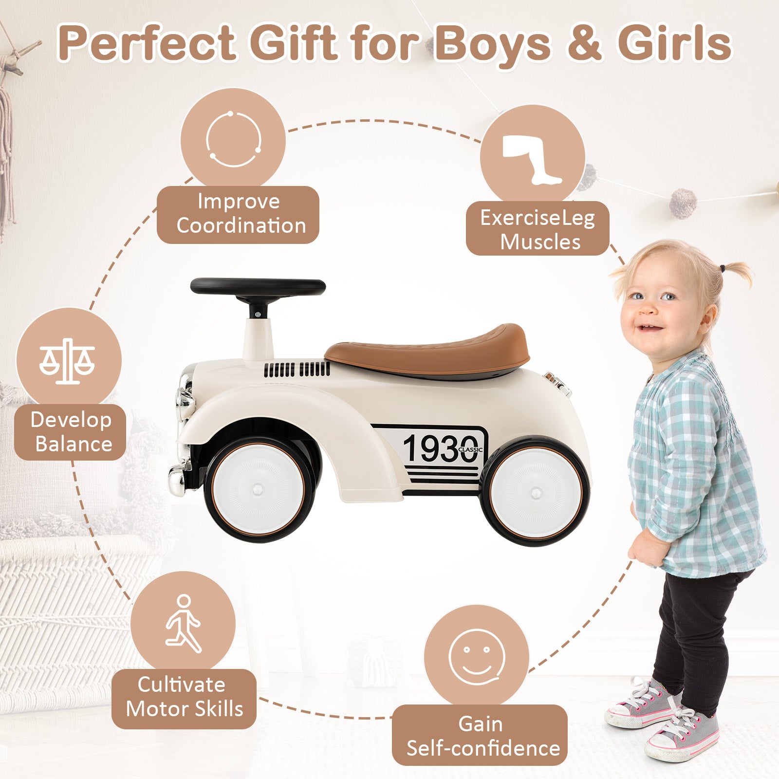 Children's balance bike with text highlighting benefits and a child standing next to it.