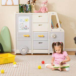 Kids toy organizer featuring built-in whiteboard for drawing and learning