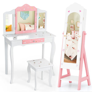 Children's vanity set with mirror, stool, and easel on a white background