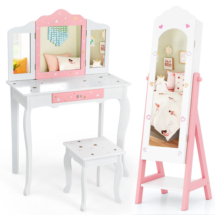 Children's vanity set with mirror, stool, and easel on a white background