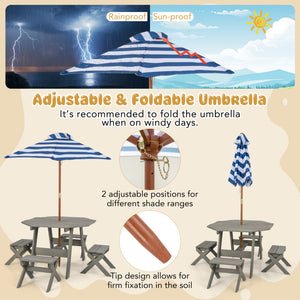Adjustable and foldable umbrella with table and chairs on a beige background