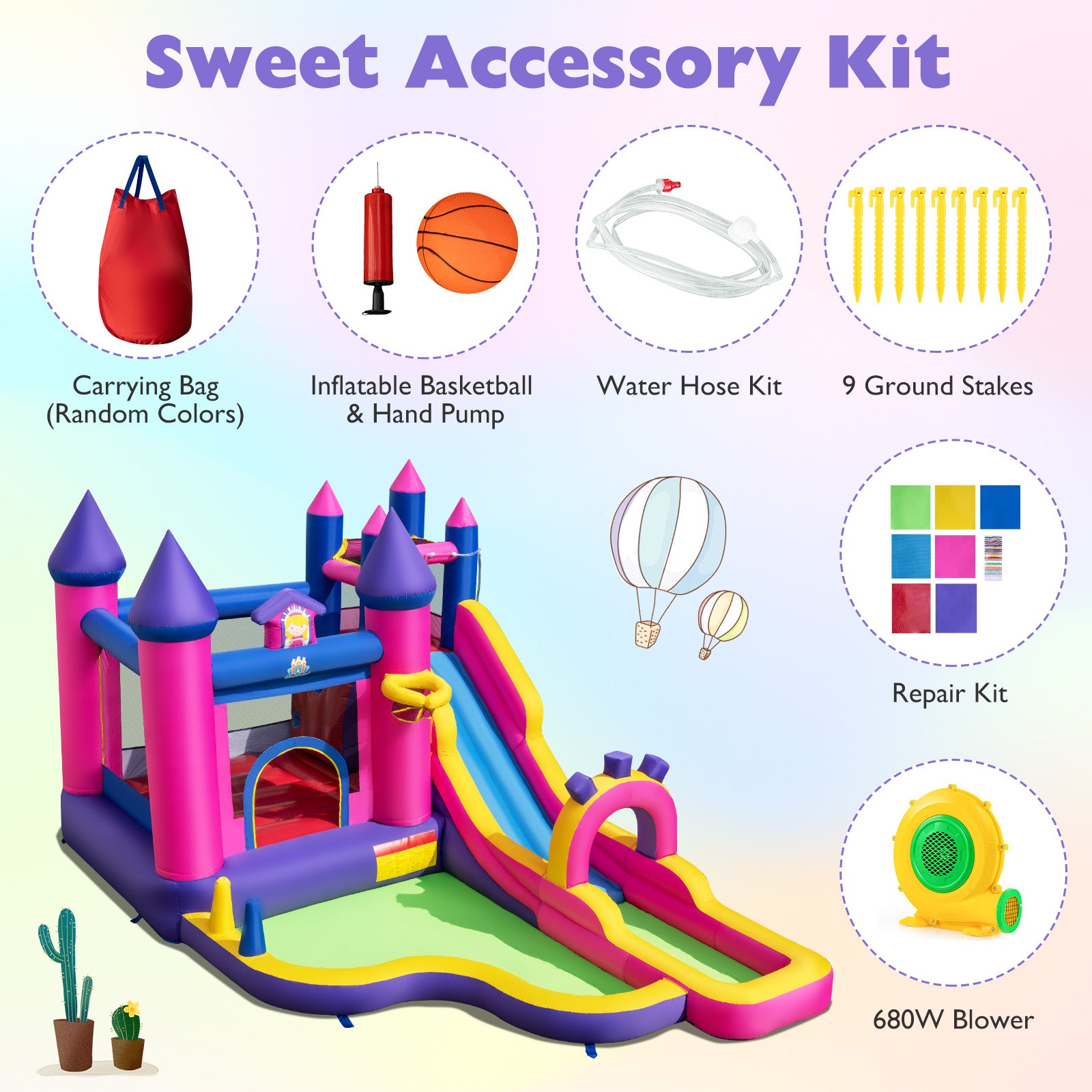 Colorful inflatable castle with accessories on a light purple background