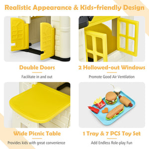 Kids toy slide with connected playhouse and table