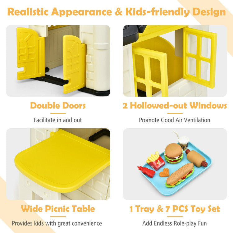 Kids toy slide with connected playhouse and table