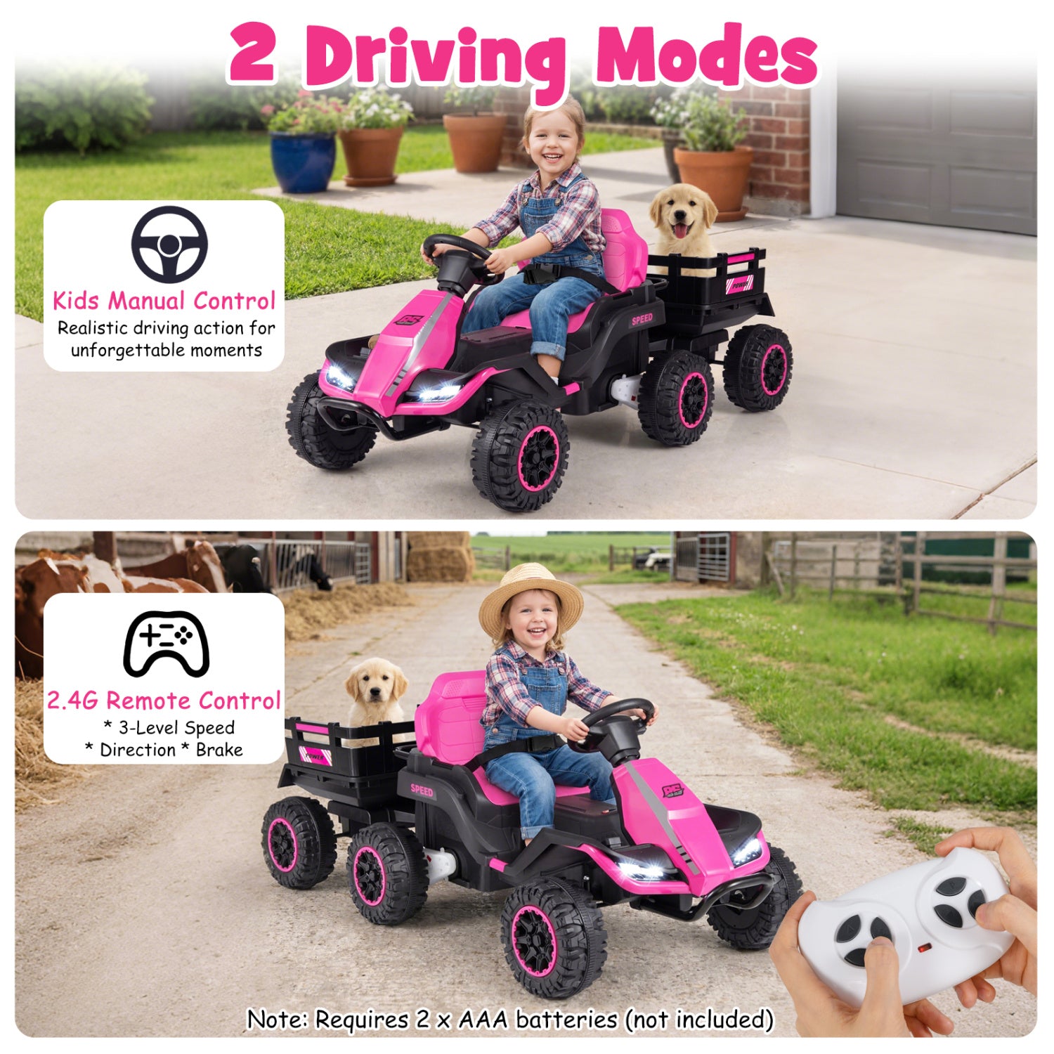 Children playing with a pink toy car in two different settings, one with manual control and the other with remote control.