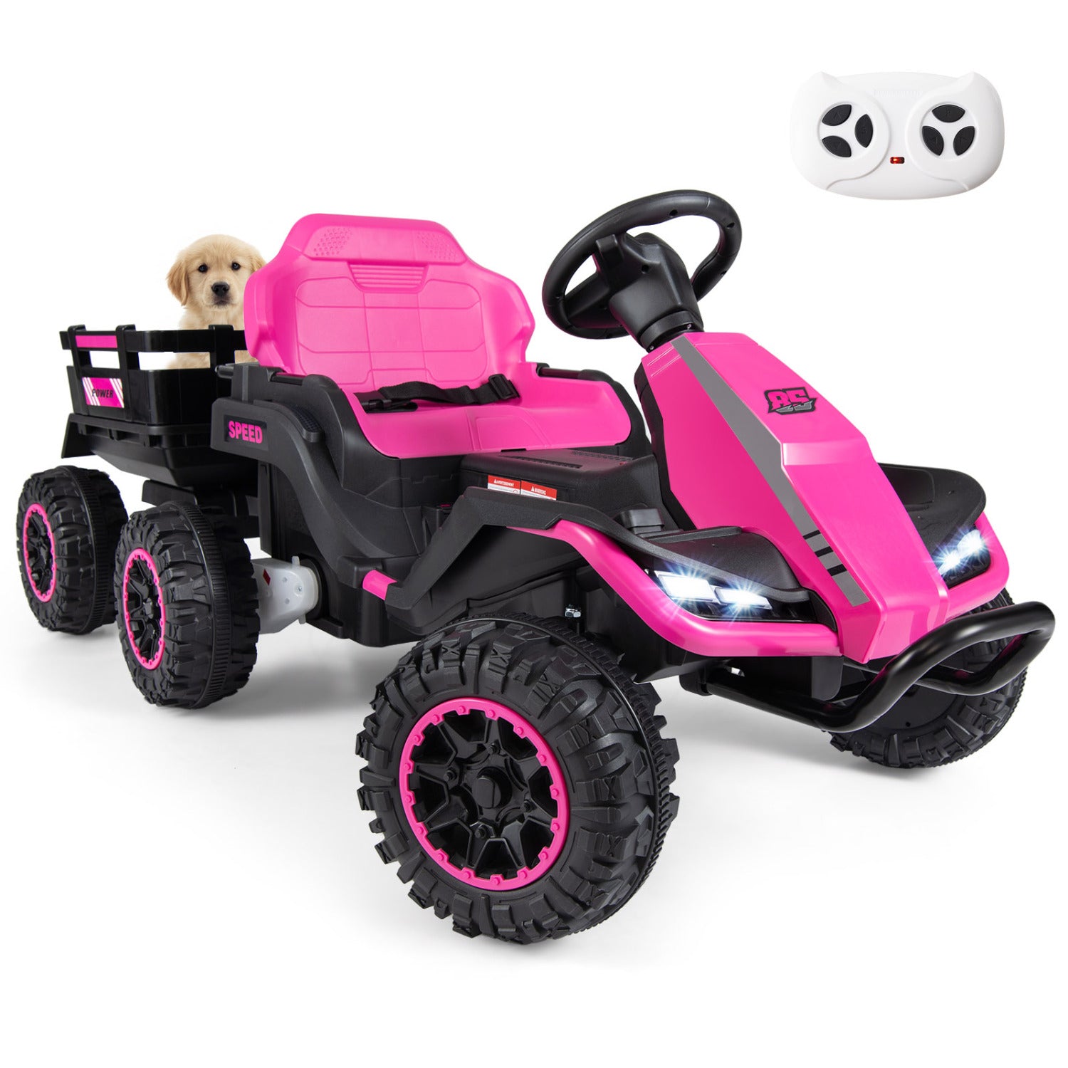 Pink and black toy truck with remote control on a white background