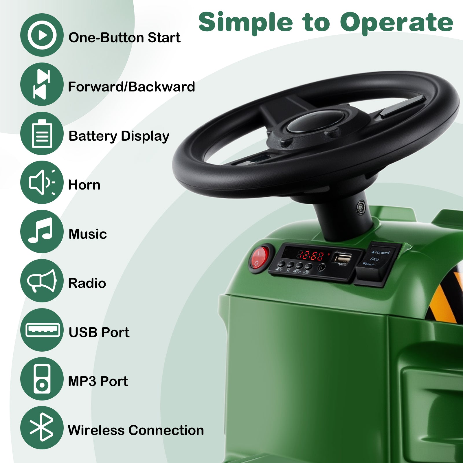 Green toy car with steering wheel and control panel, featuring various functions on a light green background.