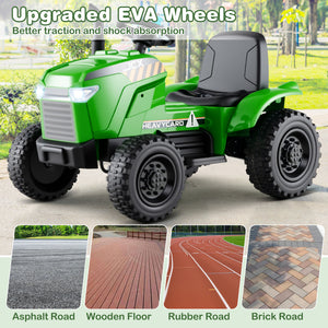 Green toy tractor with upgraded EVA wheels on a road surface background