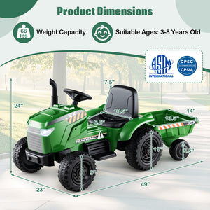 Green toy tractor with dimensions and safety certification logos on a light background