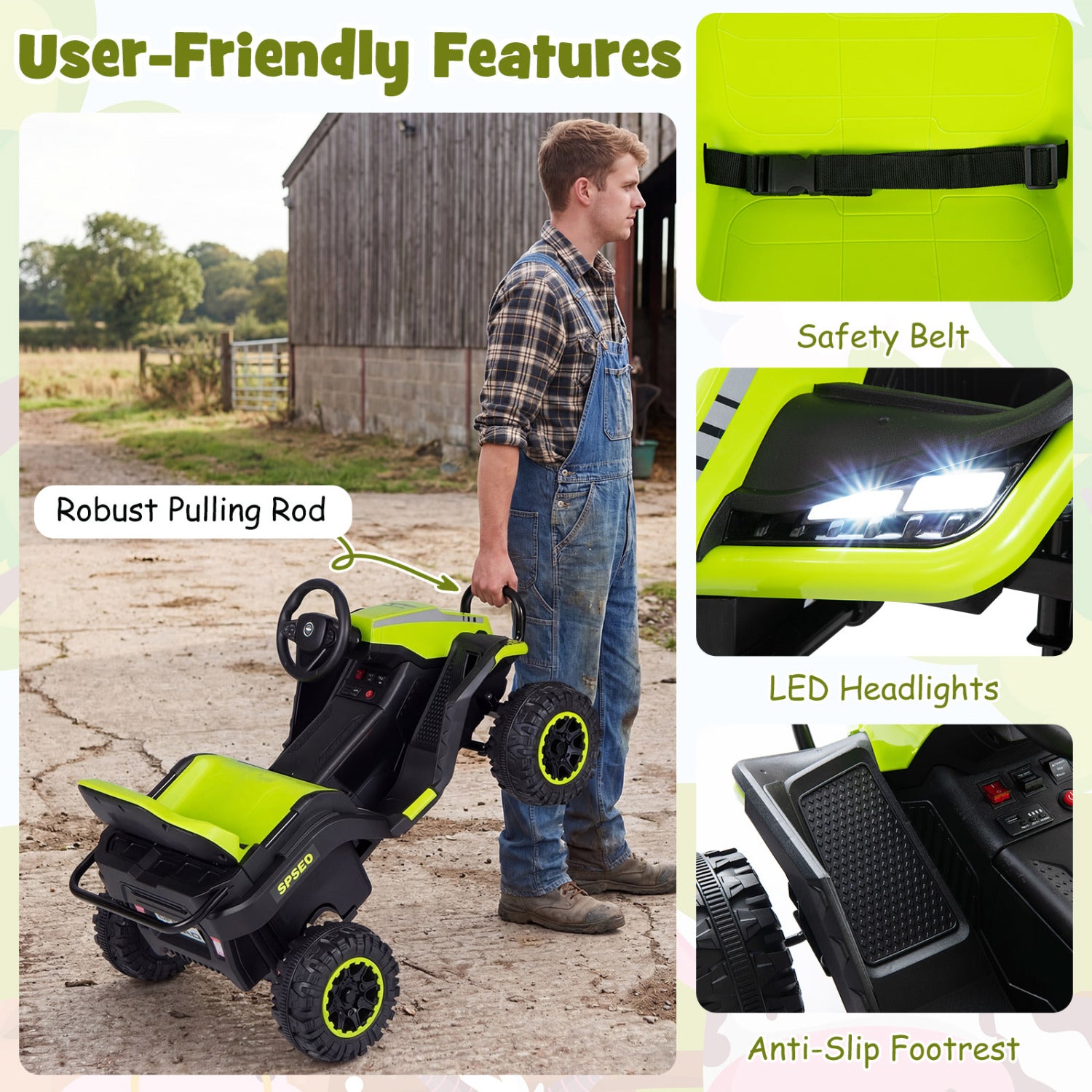 Green farm cart with features highlighted, including a man using it, robust pulling rod, safety belt, LED headlights, and anti-slip footrest.
