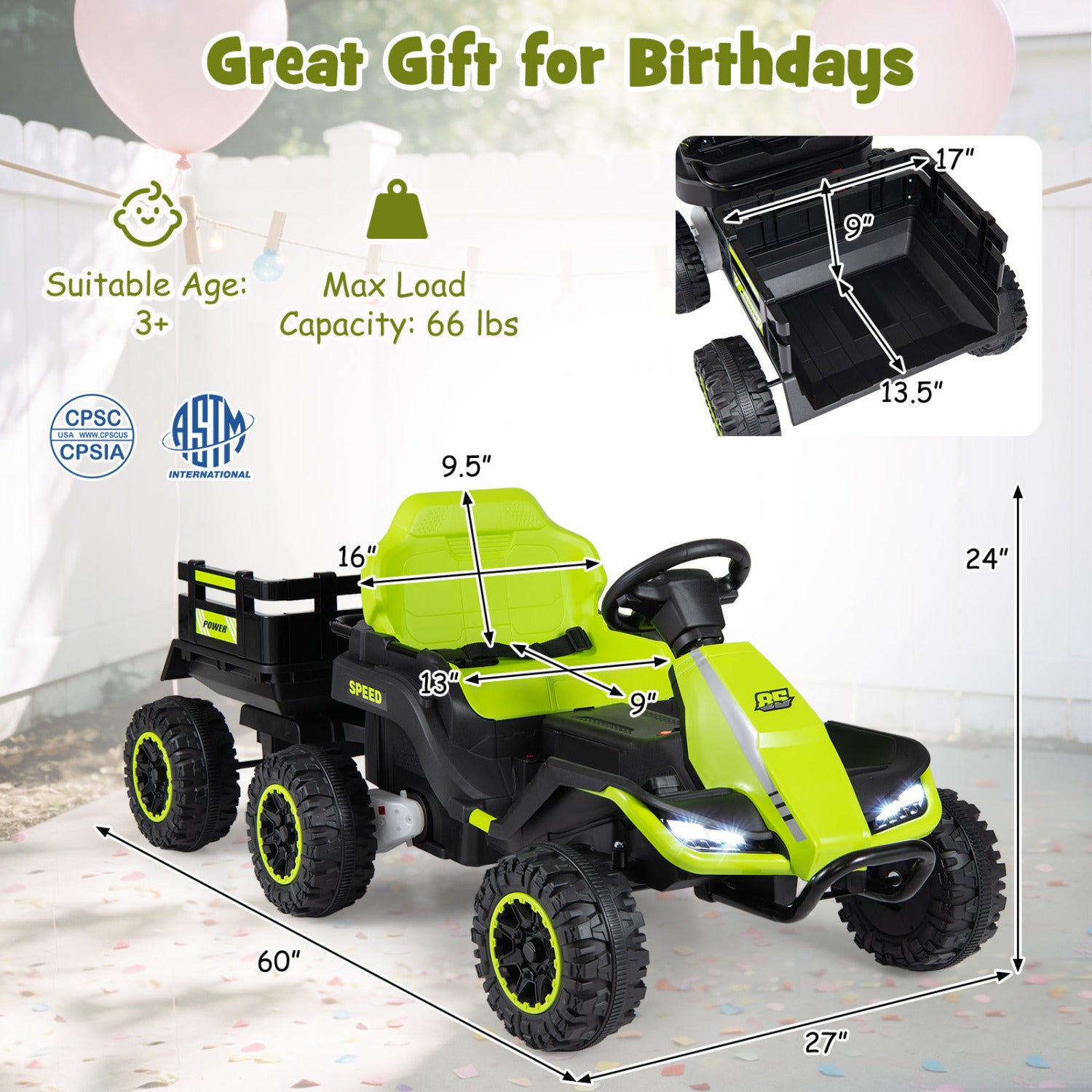 Children's toy truck with dimensions and safety certifications on a festive background