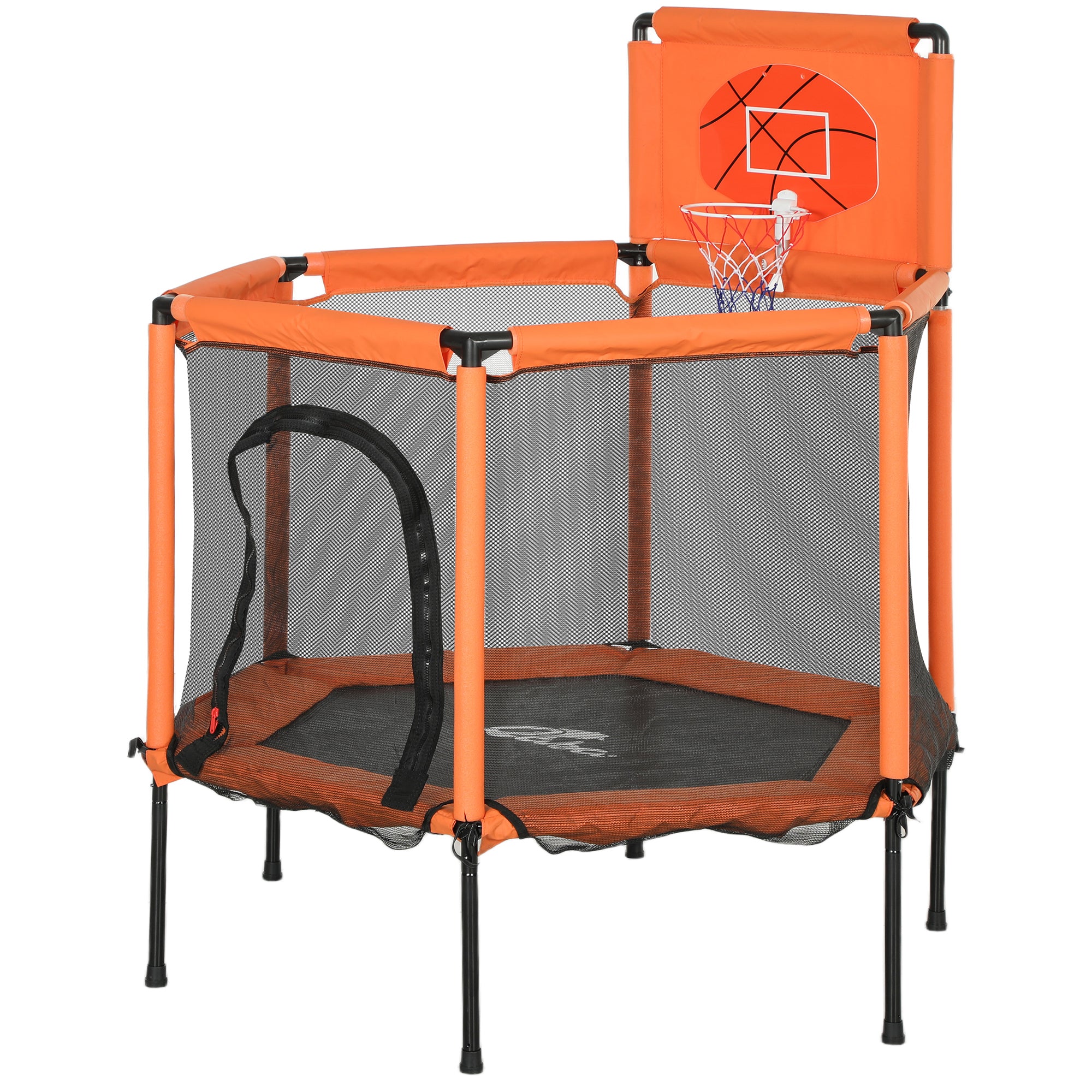 Orange children's trampoline with basketball hoop on a white background