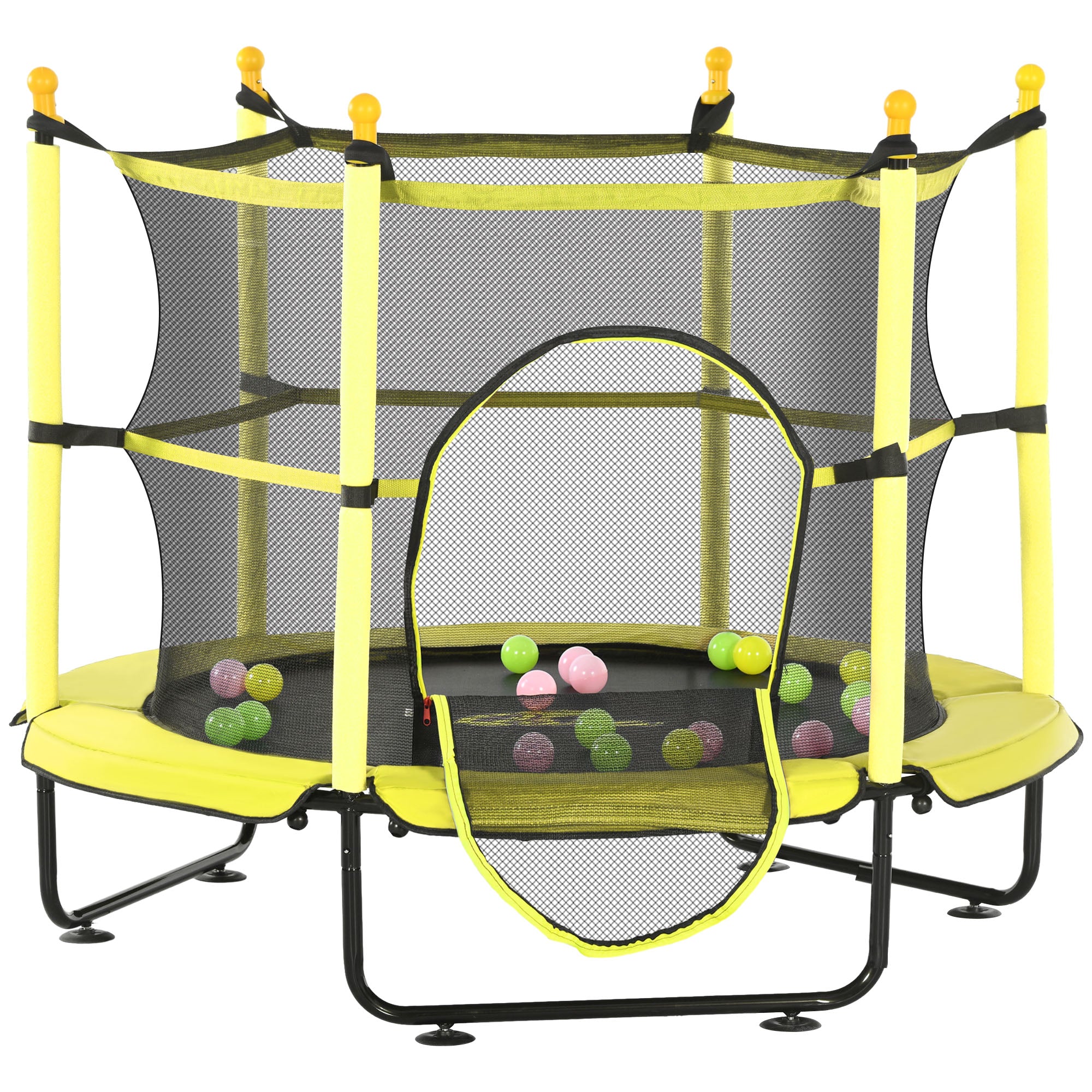 Yellow trampoline with safety net and colorful balls on a white background
