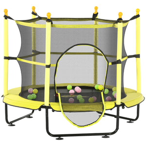 Yellow trampoline with safety net and colorful balls on a white background