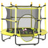 Yellow trampoline with safety net and colorful balls on a white background