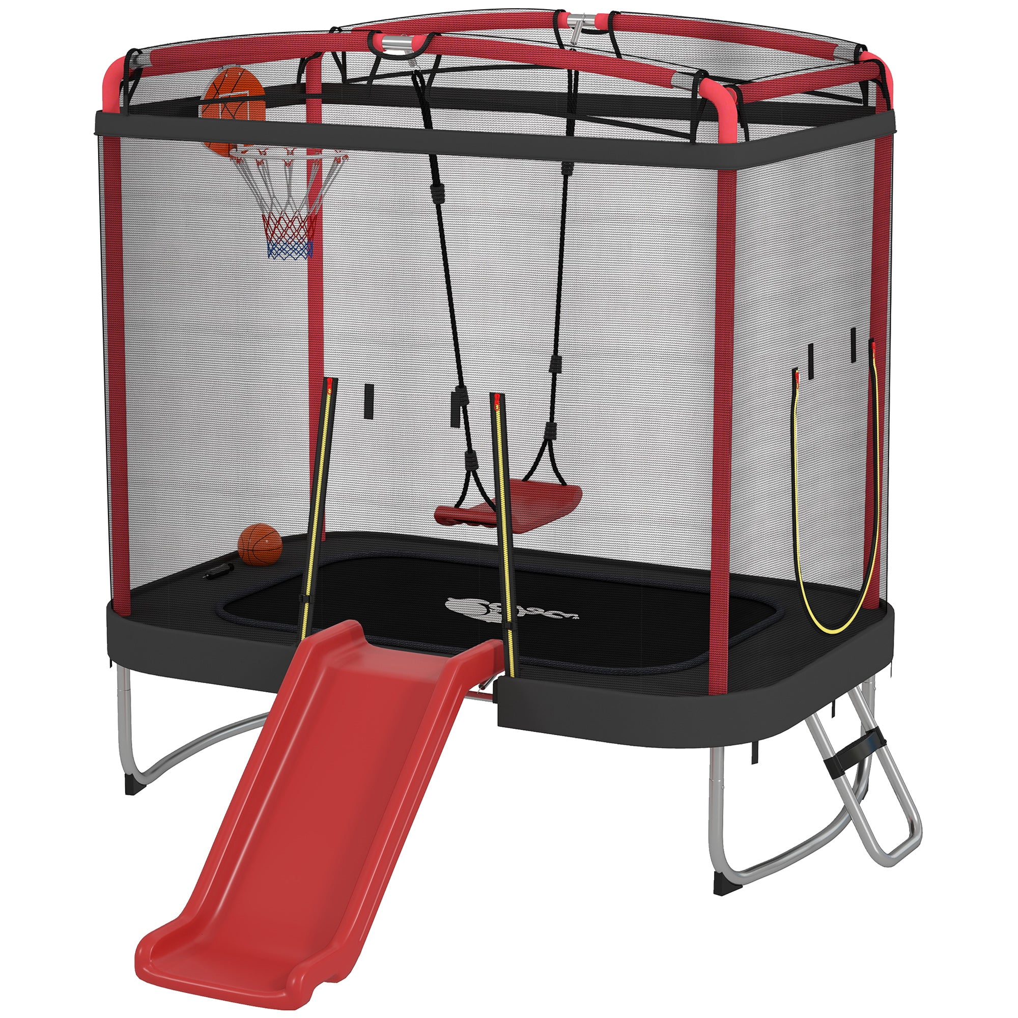 Playground structure with trampoline, slide, and swing set on a white background