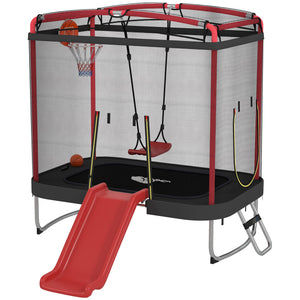 Playground structure with trampoline, slide, and swing set on a white background