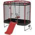Playground structure with trampoline, slide, and swing set on a white background