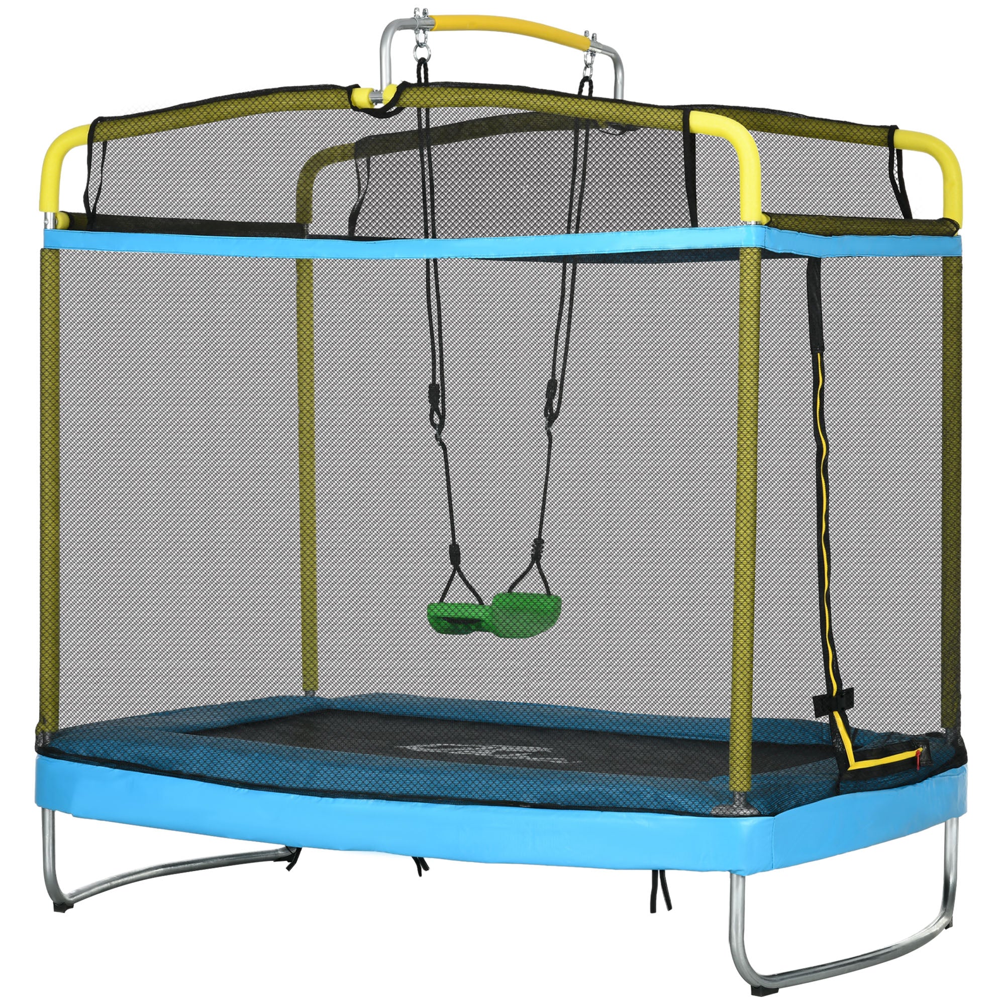 Trampoline with safety net and swing attached on a white background