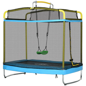 Trampoline with safety net and swing attached on a white background