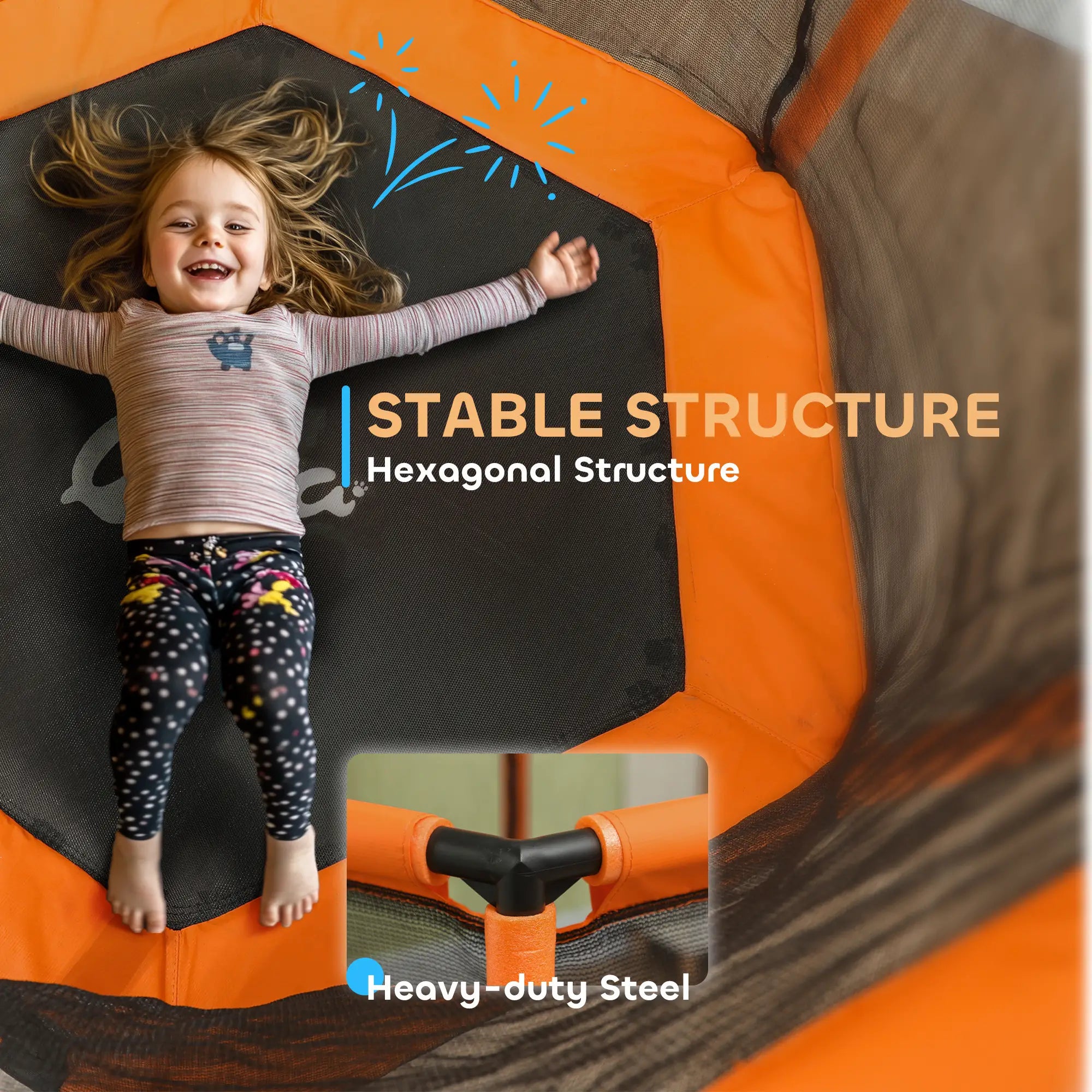 Child on an orange and black trampoline with text about stable structure and hexagonal design.
