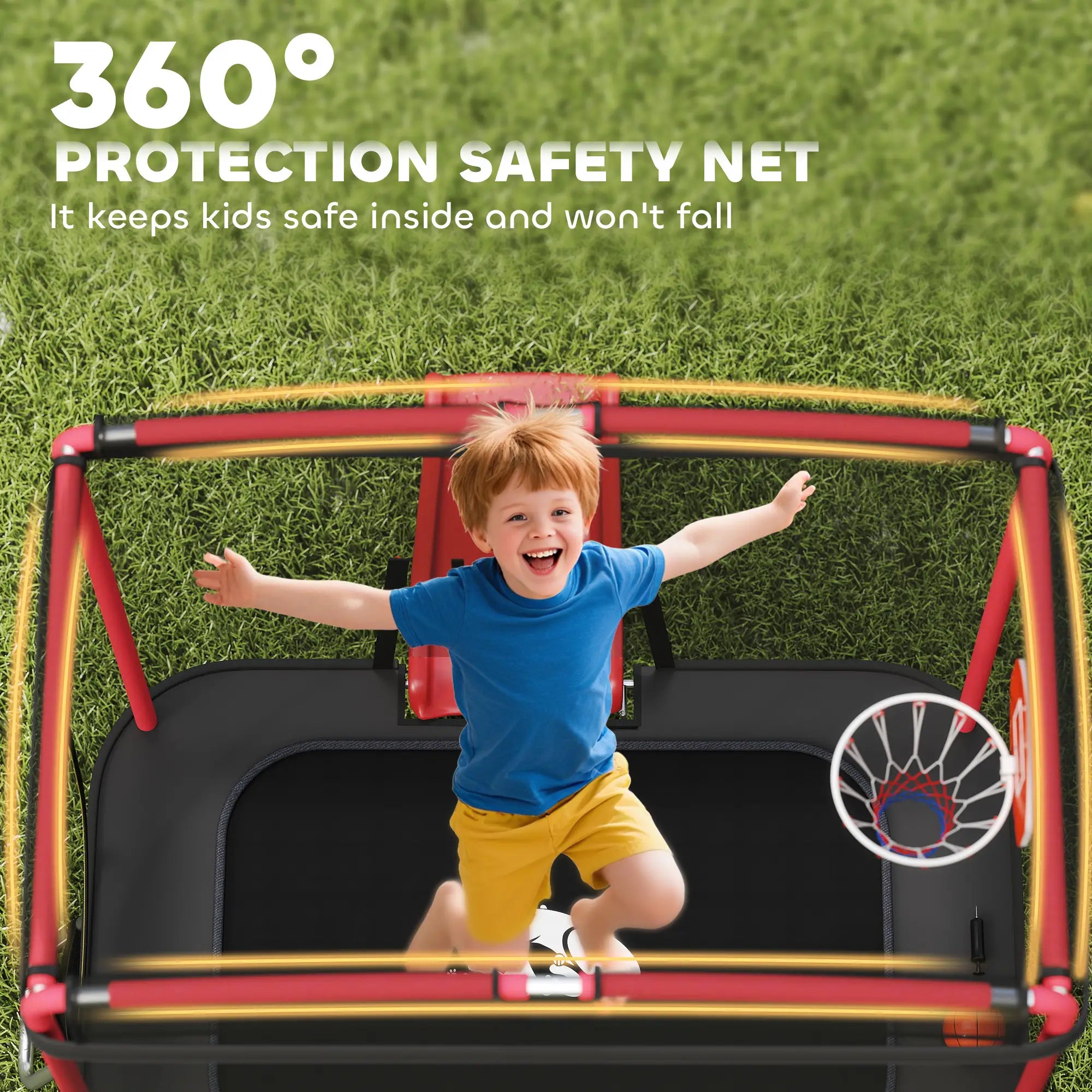 Child playing on a trampoline with a safety net labeled '360° Protection Safety Net' on grass.