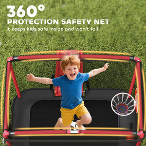 Child playing on a trampoline with a safety net labeled '360° Protection Safety Net' on grass.