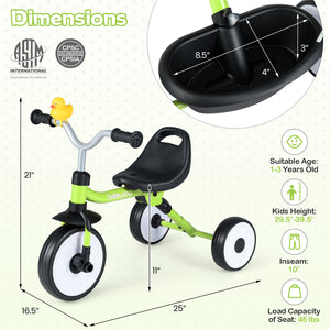 Children's tricycle with dimensions and safety certification labels on a light background