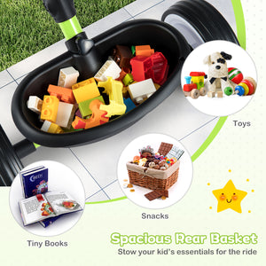 Spacious rear basket with toys, snacks, and books for a child's ride.
