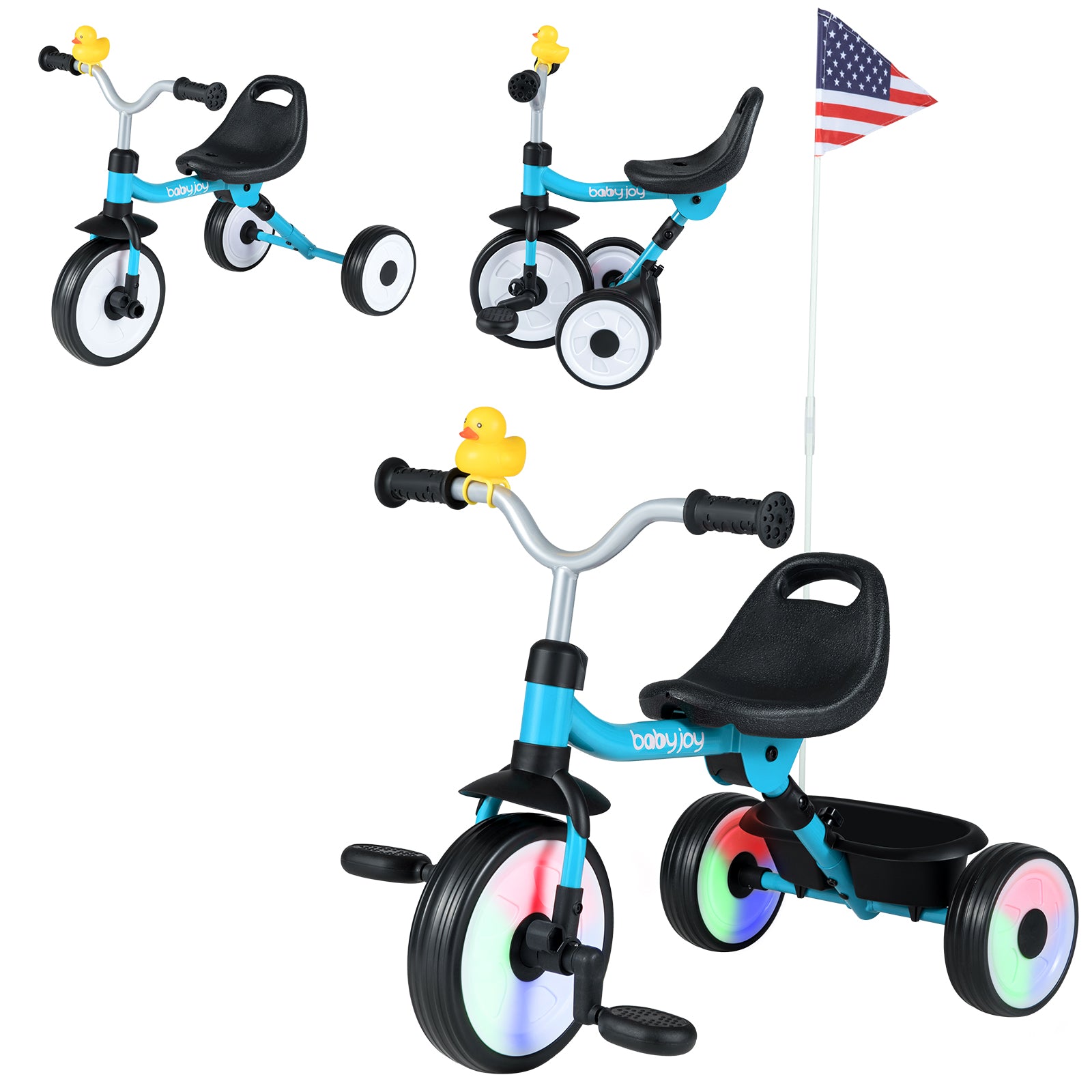 Children's tricycle with colorful wheels and a small American flag on a white background