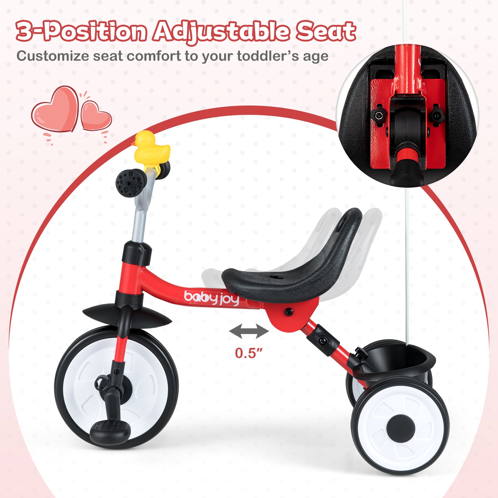 Red and black tricycle with adjustable seat feature on a white background