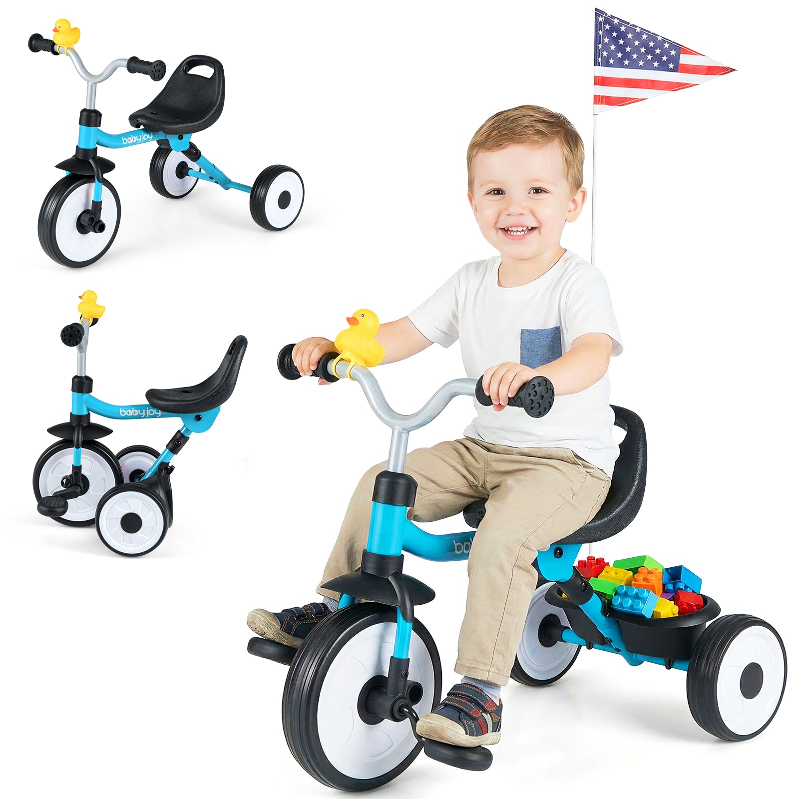 Child riding a tricycle with additional parts on a white background