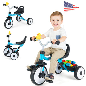 Child riding a tricycle with additional parts on a white background