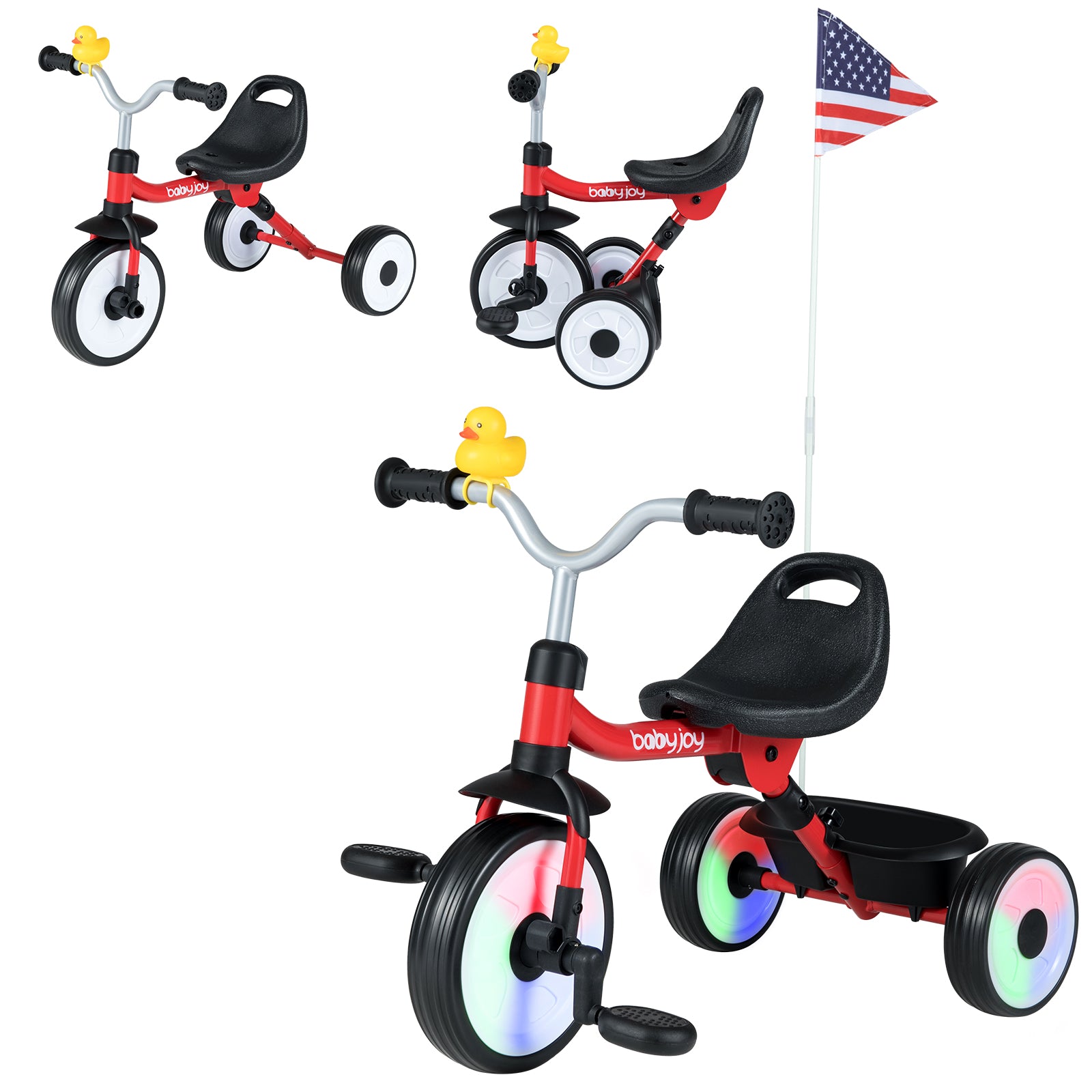 Red and black tricycle with colorful wheels on a white background