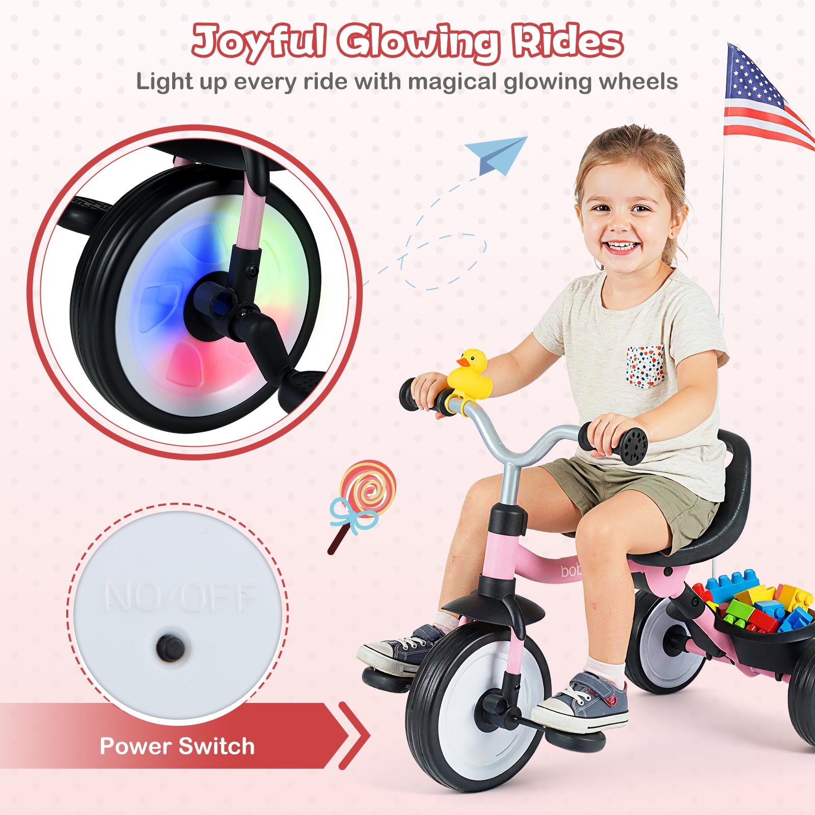 Child riding a tricycle with glowing wheels and American flag in the corner