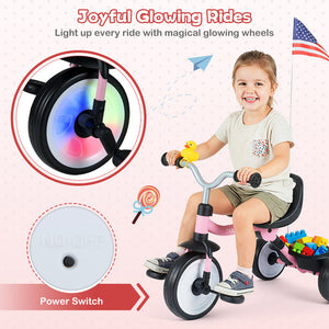 Child riding a tricycle with glowing wheels and American flag in the corner