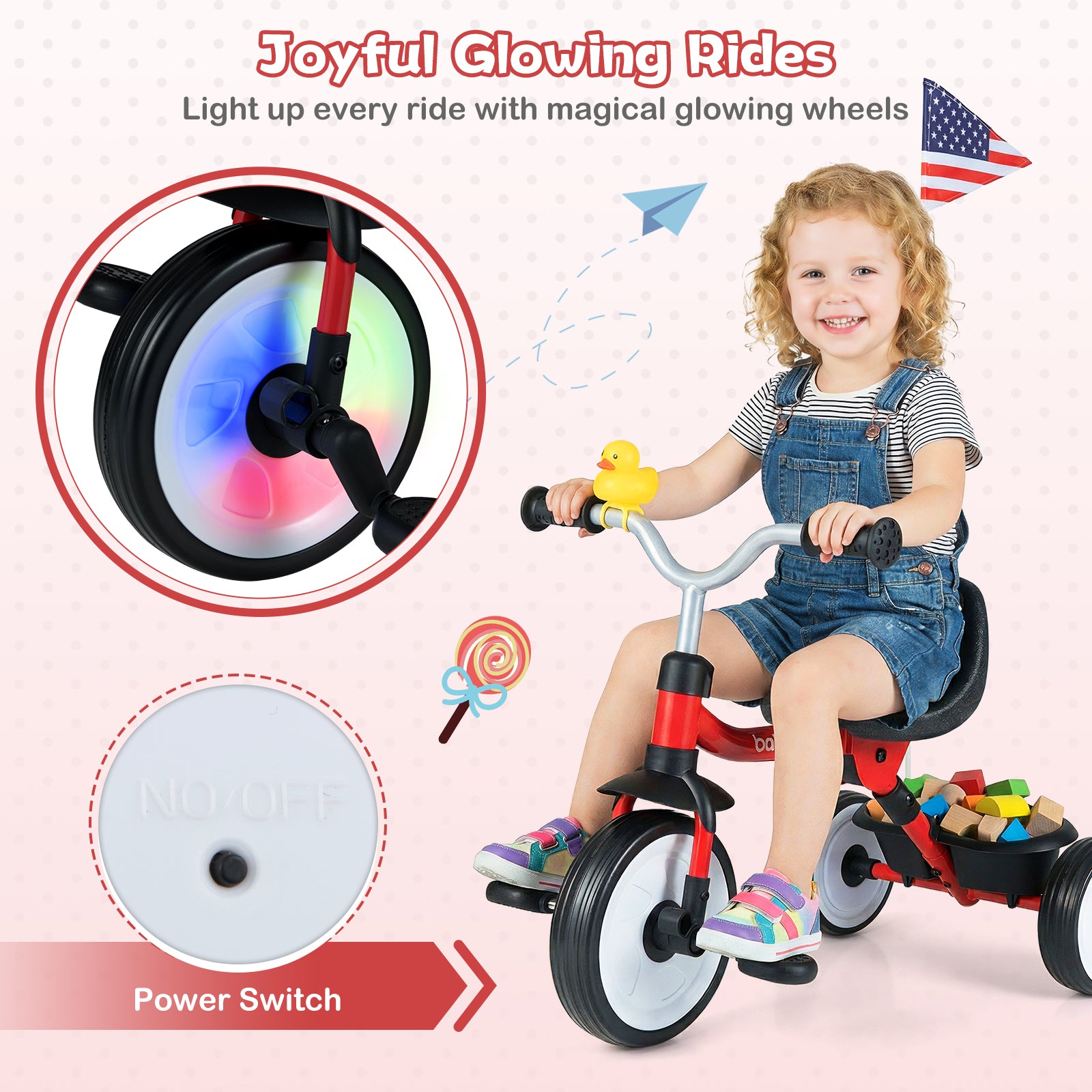 Child riding a tricycle with glowing wheels and power switch features, on a light pink background.