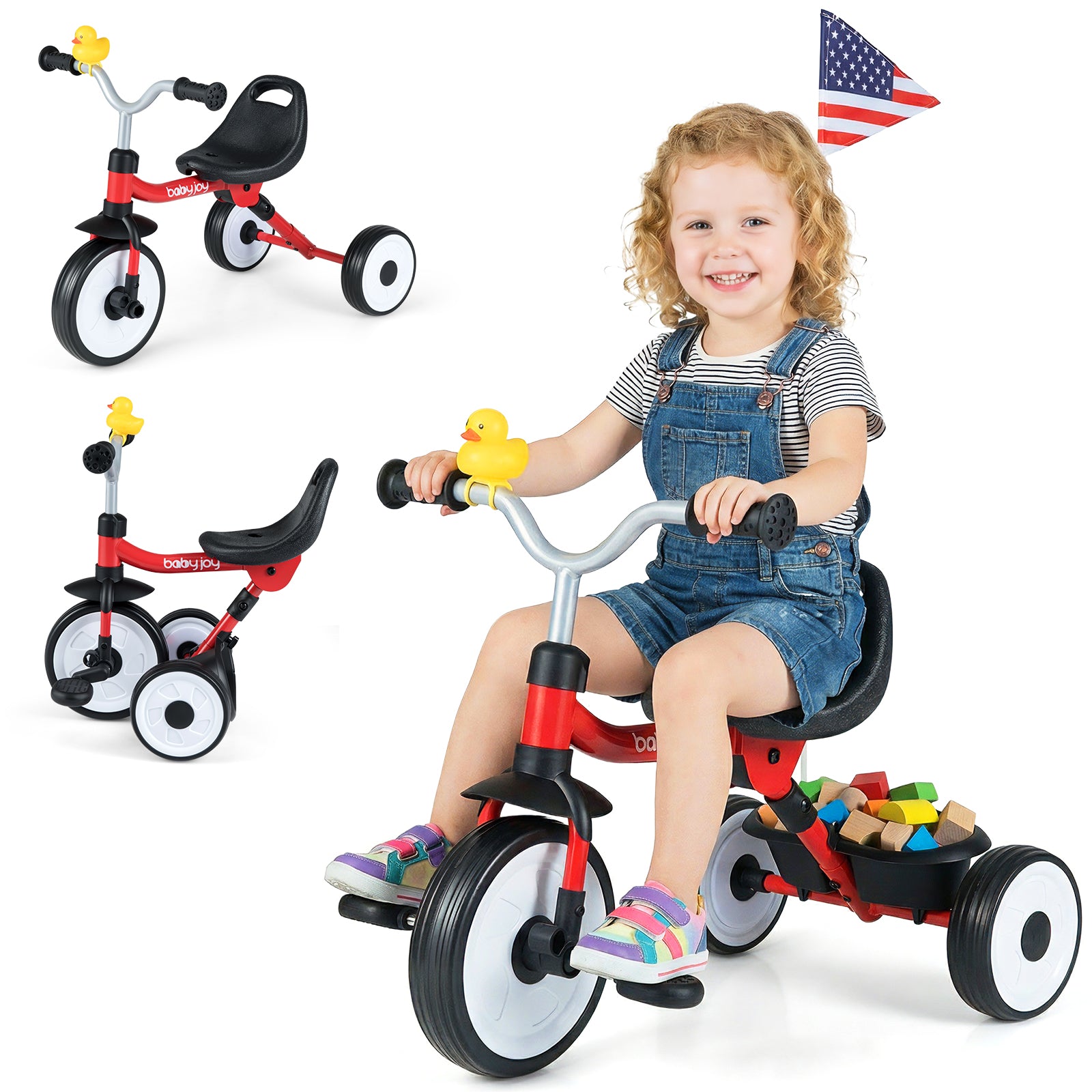 Child riding a red tricycle with accessories, surrounded by additional tricycles and an American flag.