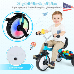 Child riding a tricycle with glowing wheels and colorful accessories, featuring text 'Joyful Glowing Rides' and an American flag.