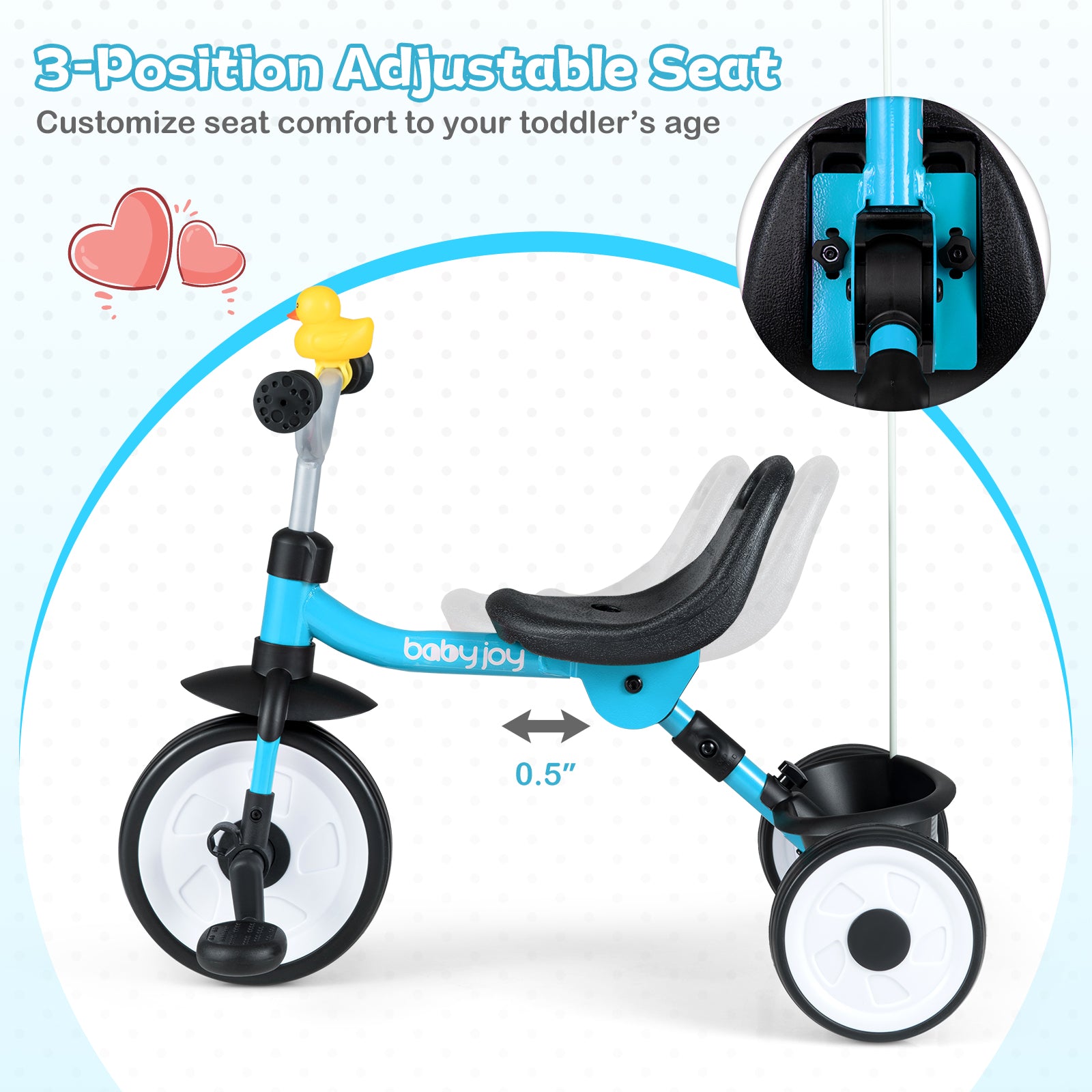 Blue balance bike with adjustable seat feature on a light blue background