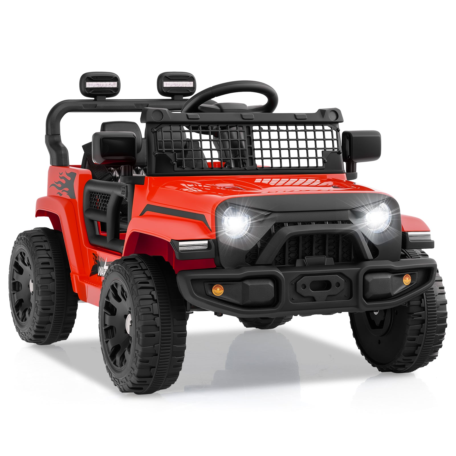 Red toy off-road vehicle with black details on a white background