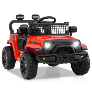 Red toy off-road vehicle with black details on a white background
