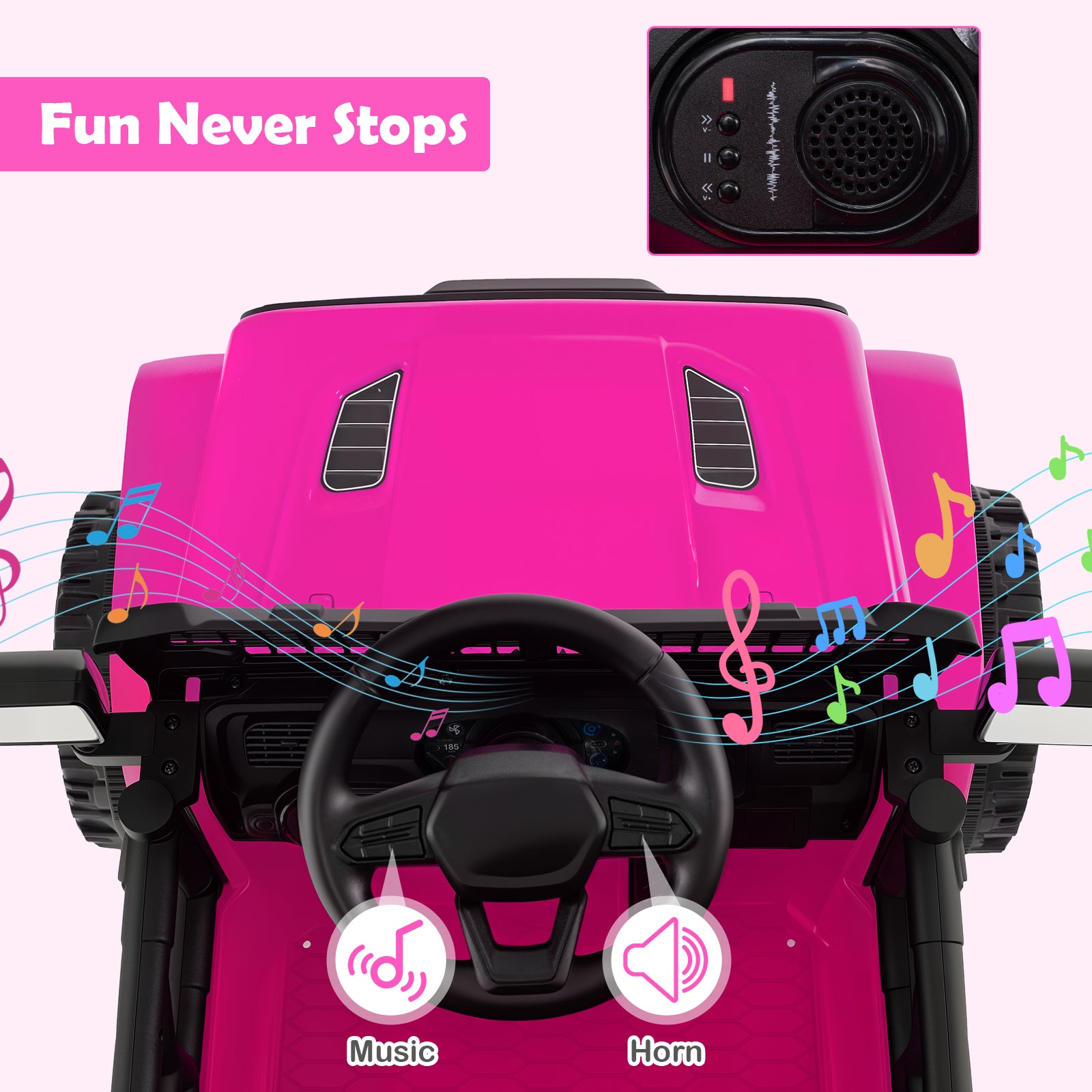 Pink toy car with steering wheel and music/horn indicators on a pink background with 'Fun Never Stops' text.