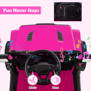 Pink toy car with steering wheel and music/horn indicators on a pink background with 'Fun Never Stops' text.