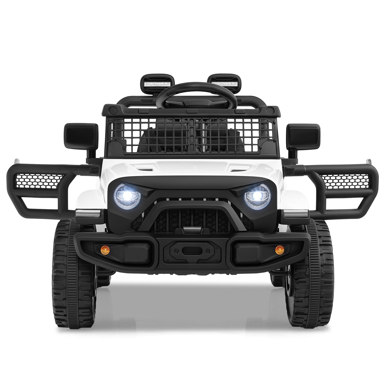 Front view of a toy truck with a white body and black accessories on a white background