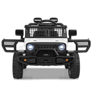 Front view of a toy truck with a white body and black accessories on a white background